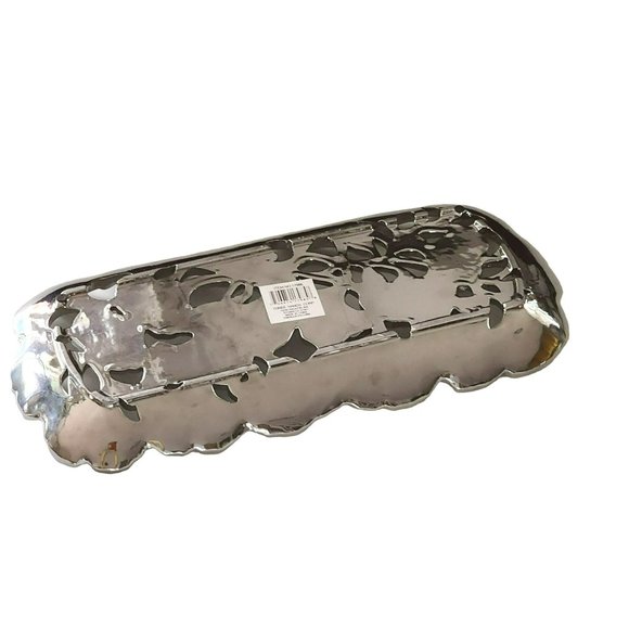 Vintage Heavy Decorative Embossed Silver Ceramic Platter Tray Size 16.5in - Picture 2 of 9